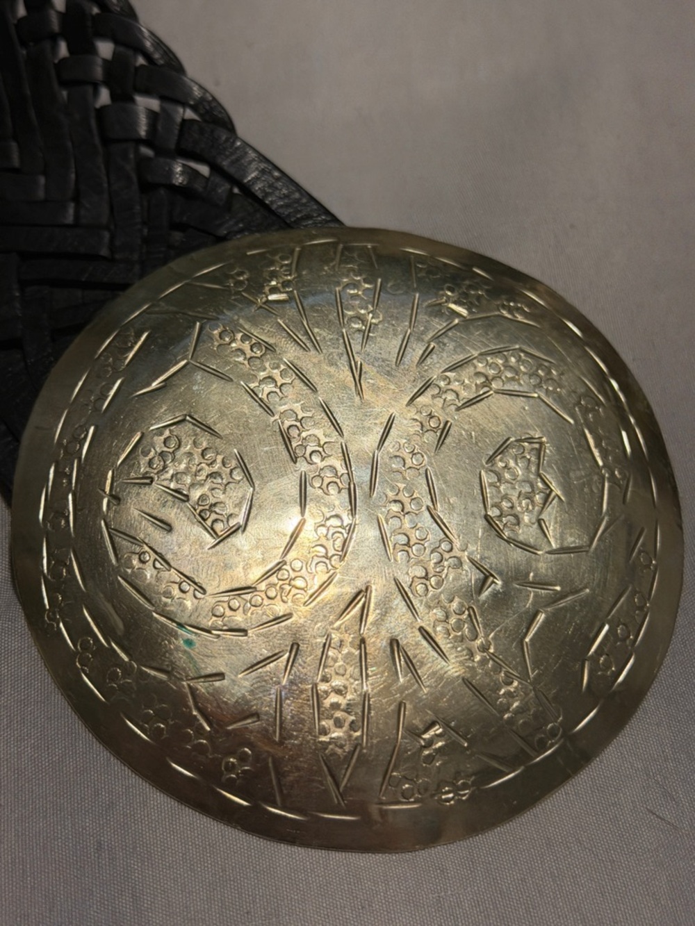 Vintage Wide Black Woven Leather Belt Gold Medallion Buckle Boho Western  M/L - Picture 5 of 9